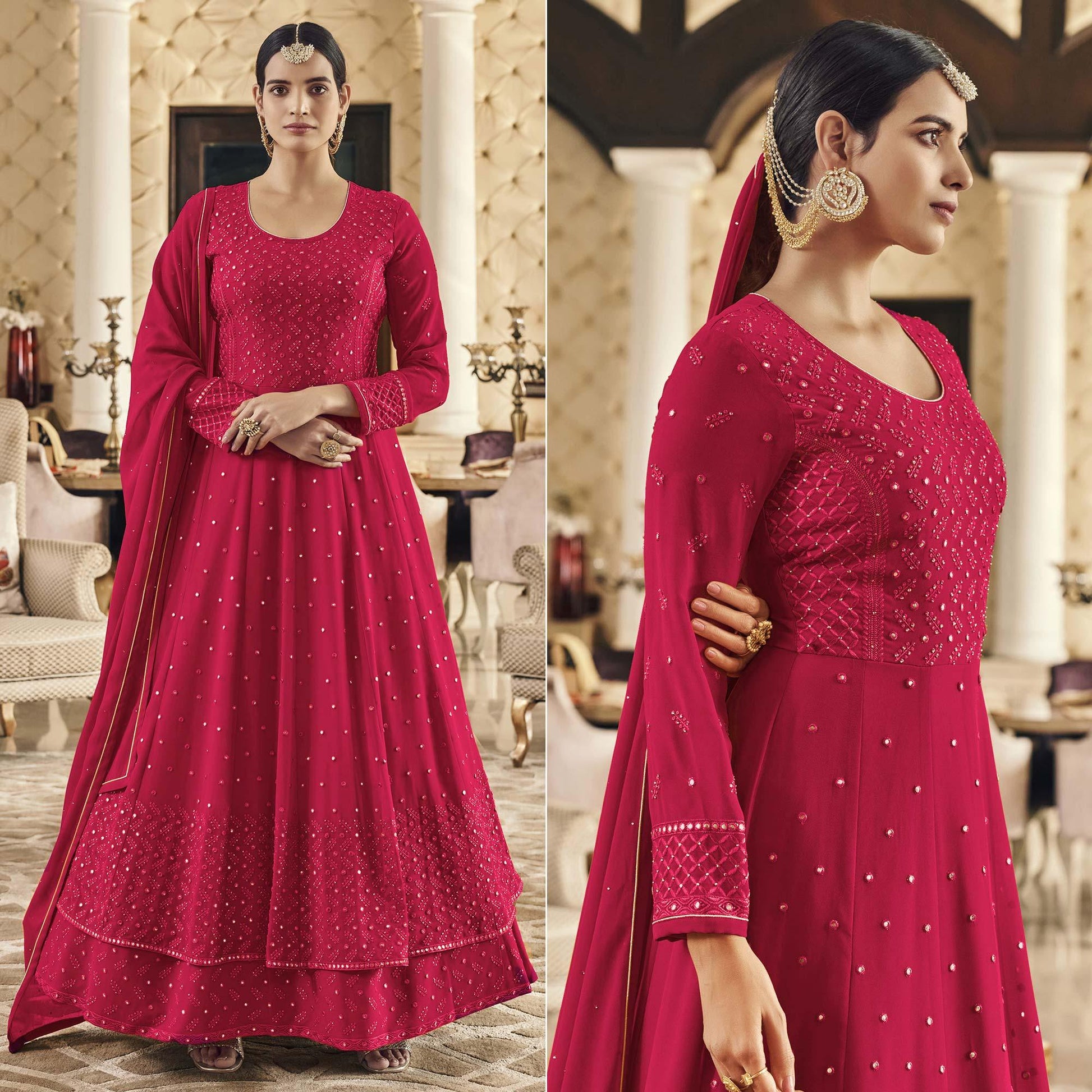Dark Pink Embroidered Georgette Anarkali Suit
