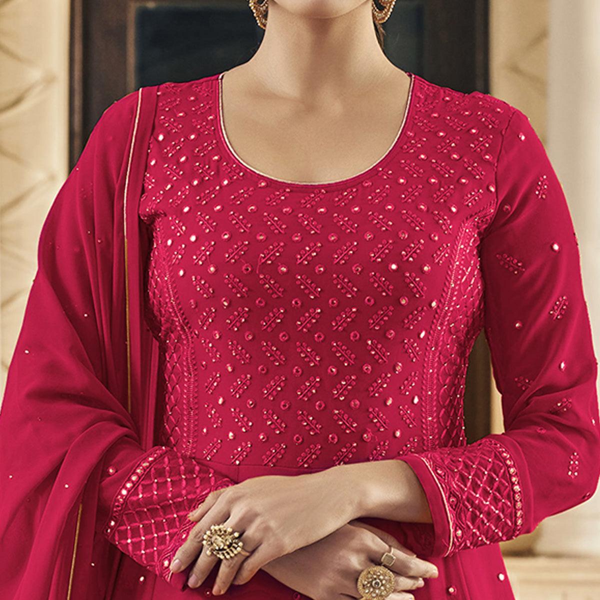 Dark Pink Embroidered Georgette Anarkali Suit