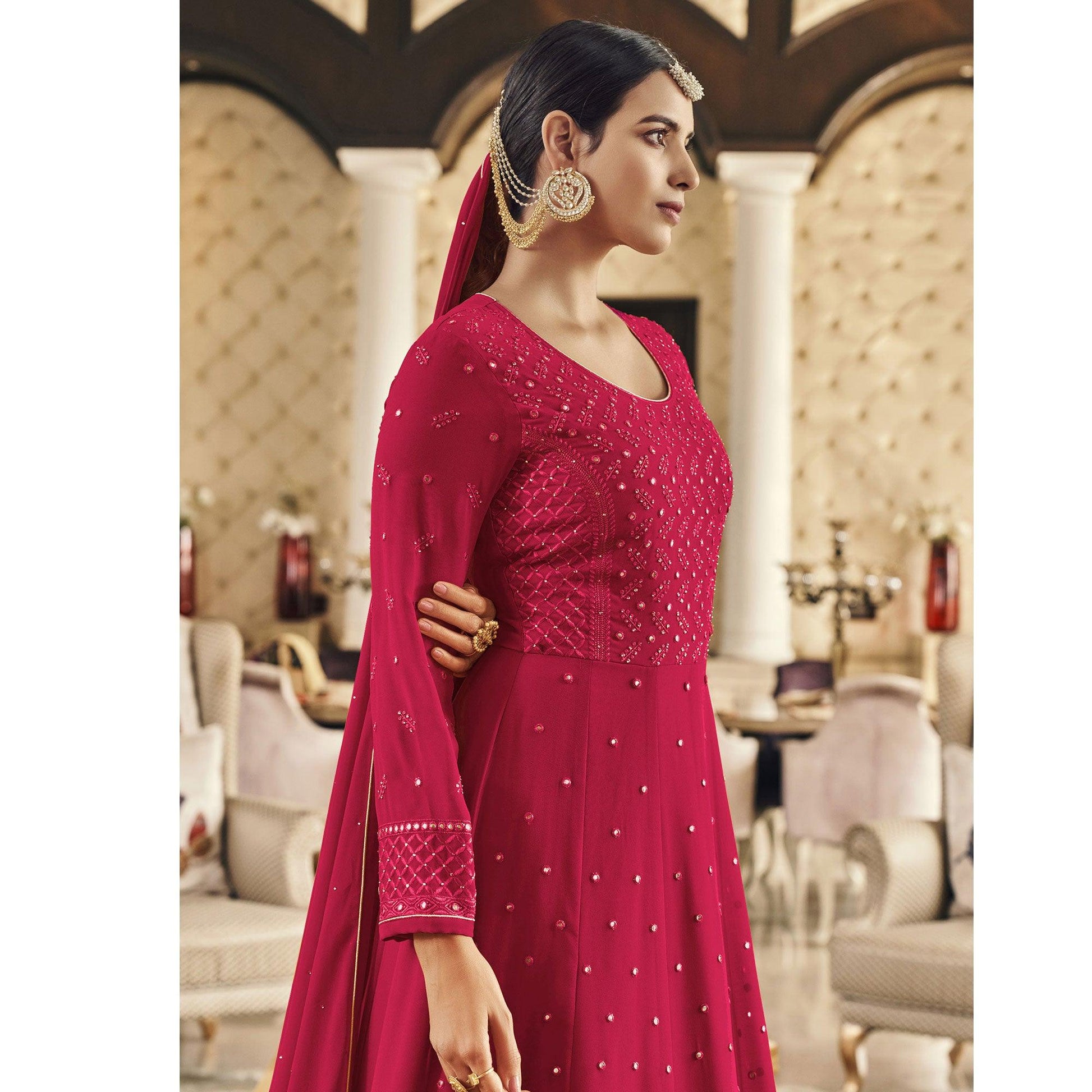 Dark Pink Embroidered Georgette Anarkali Suit