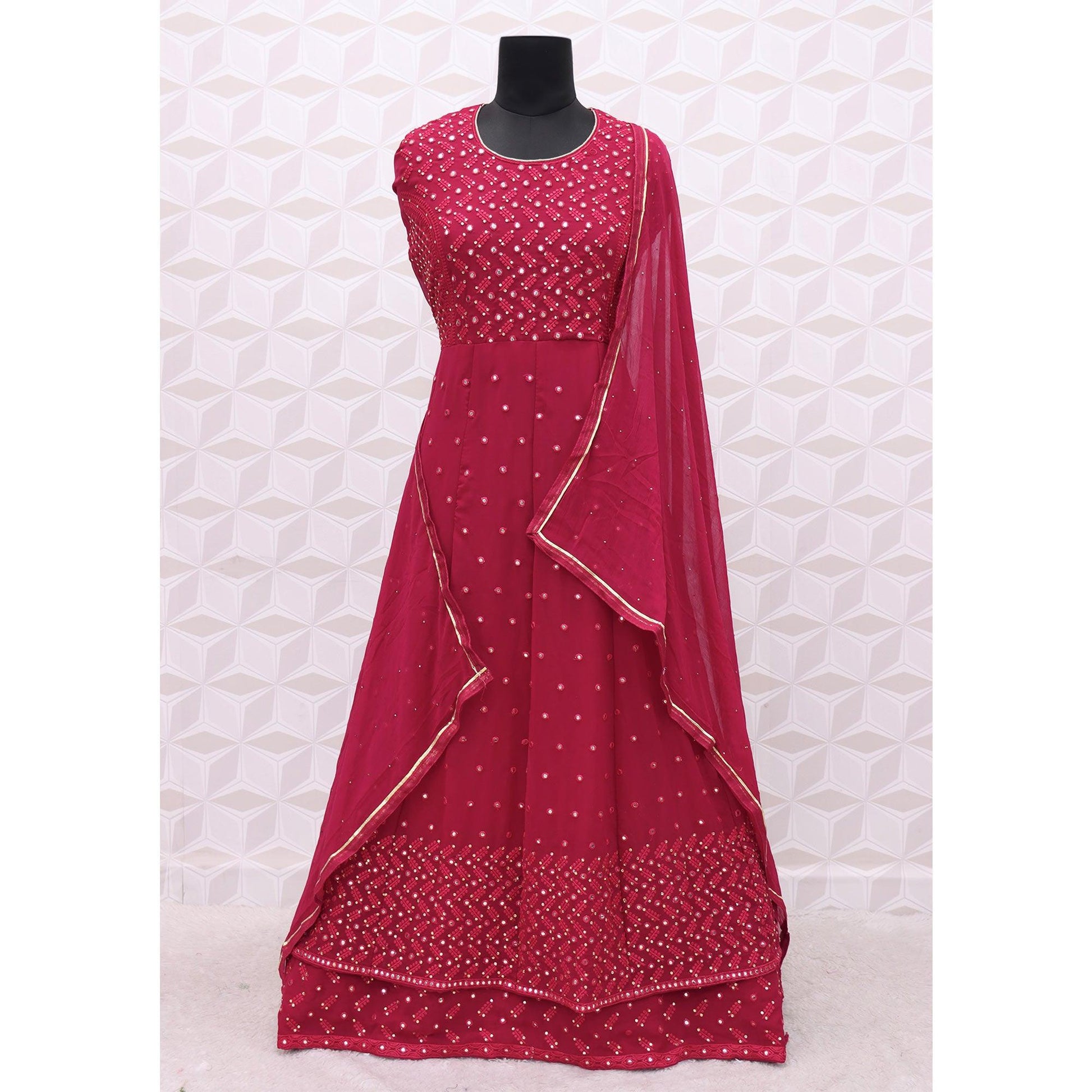 Dark Pink Embroidered Georgette Anarkali Suit