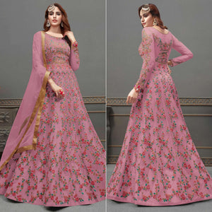 Dark Pink Embroidered Netted Anarkali Suit