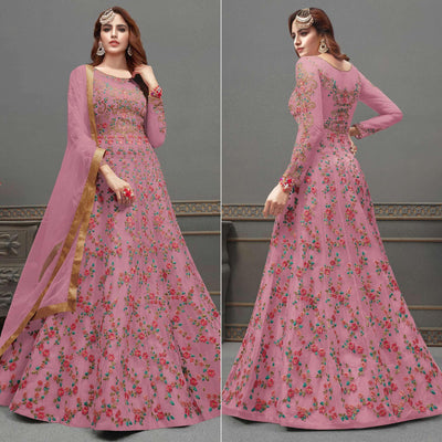 Dark Pink Embroidered Netted Anarkali Suit