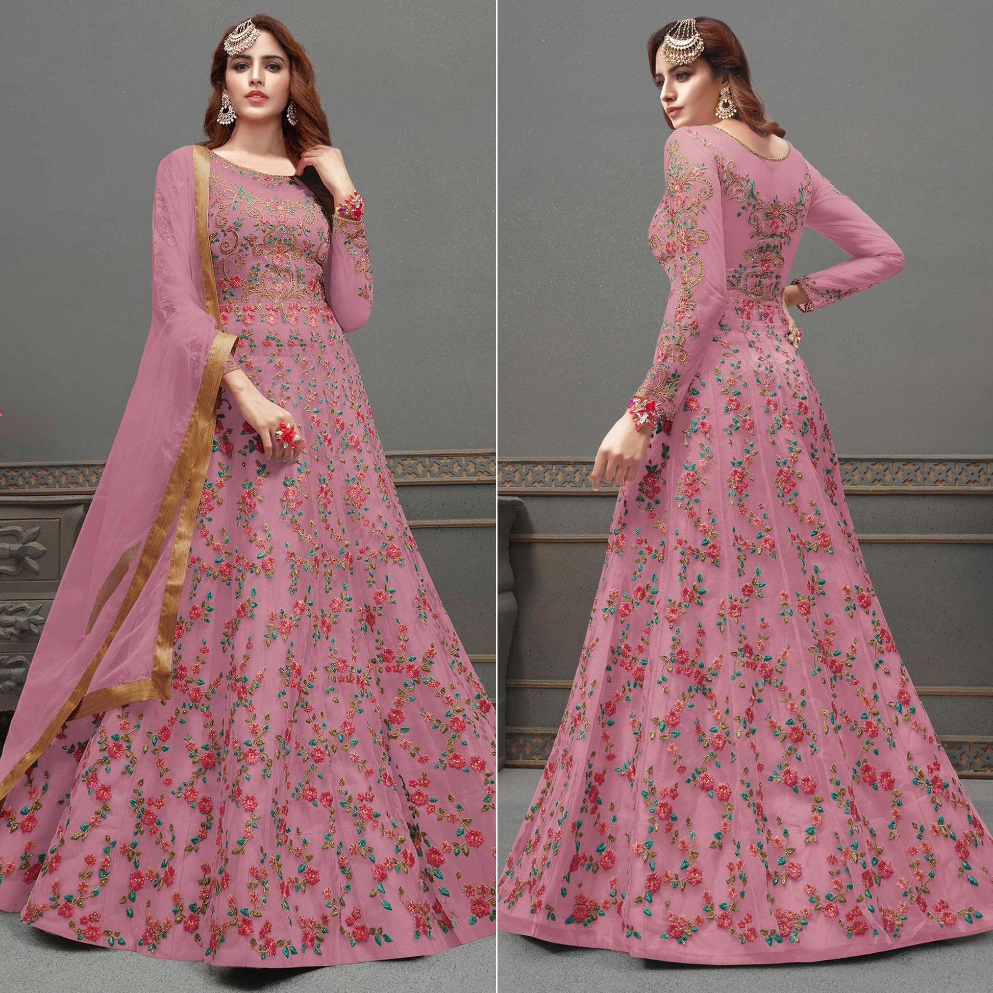 Dark Pink Embroidered Netted Anarkali Suit