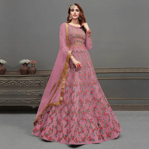 Dark Pink Embroidered Netted Anarkali Suit