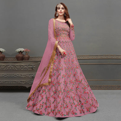 Dark Pink Embroidered Netted Anarkali Suit