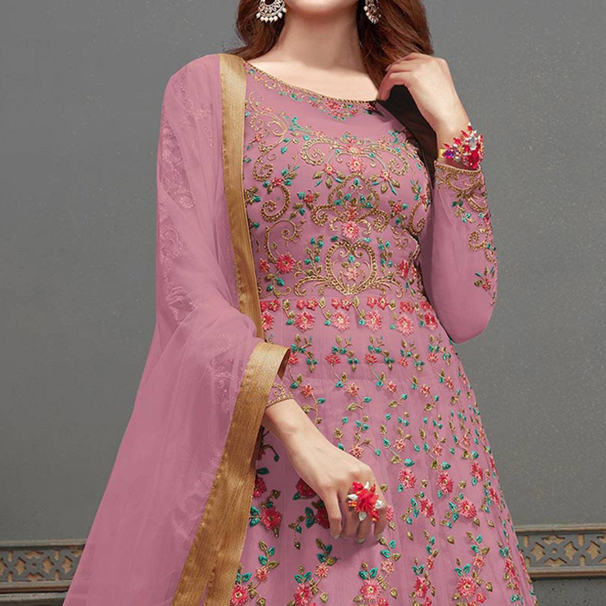 Dark Pink Embroidered Netted Anarkali Suit
