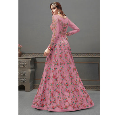 Dark Pink Embroidered Netted Anarkali Suit