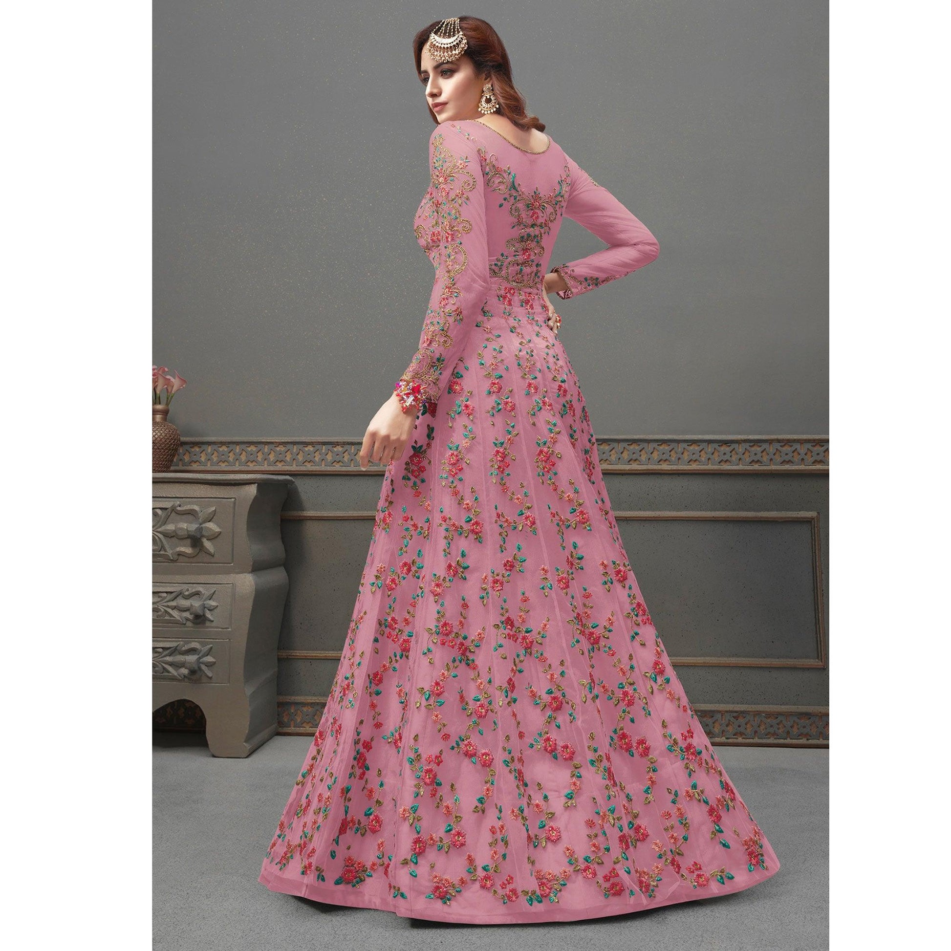 Dark Pink Embroidered Netted Anarkali Suit