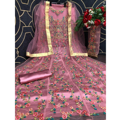 Dark Pink Embroidered Netted Anarkali Suit