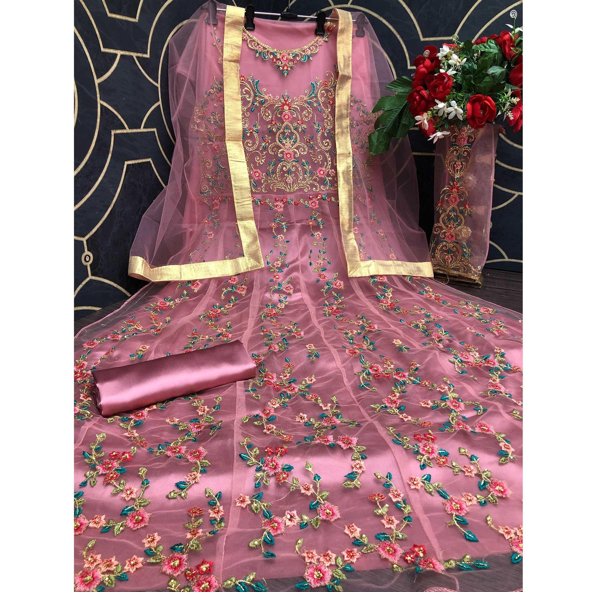 Dark Pink Embroidered Netted Anarkali Suit