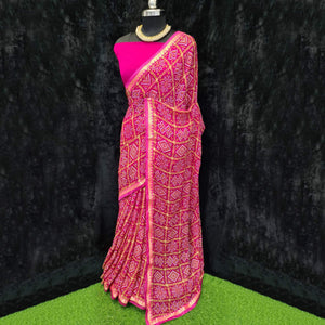 Dark Pink Festive Wear Bandhani Printed Georgette Saree With Lace Border