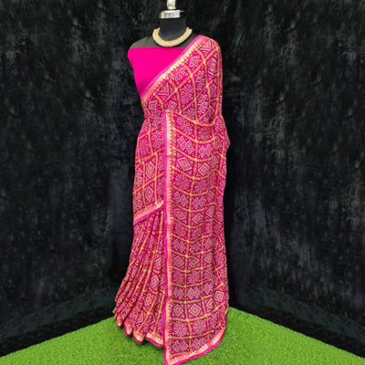 Dark Pink Festive Wear Bandhani Printed Georgette Saree With Lace Border