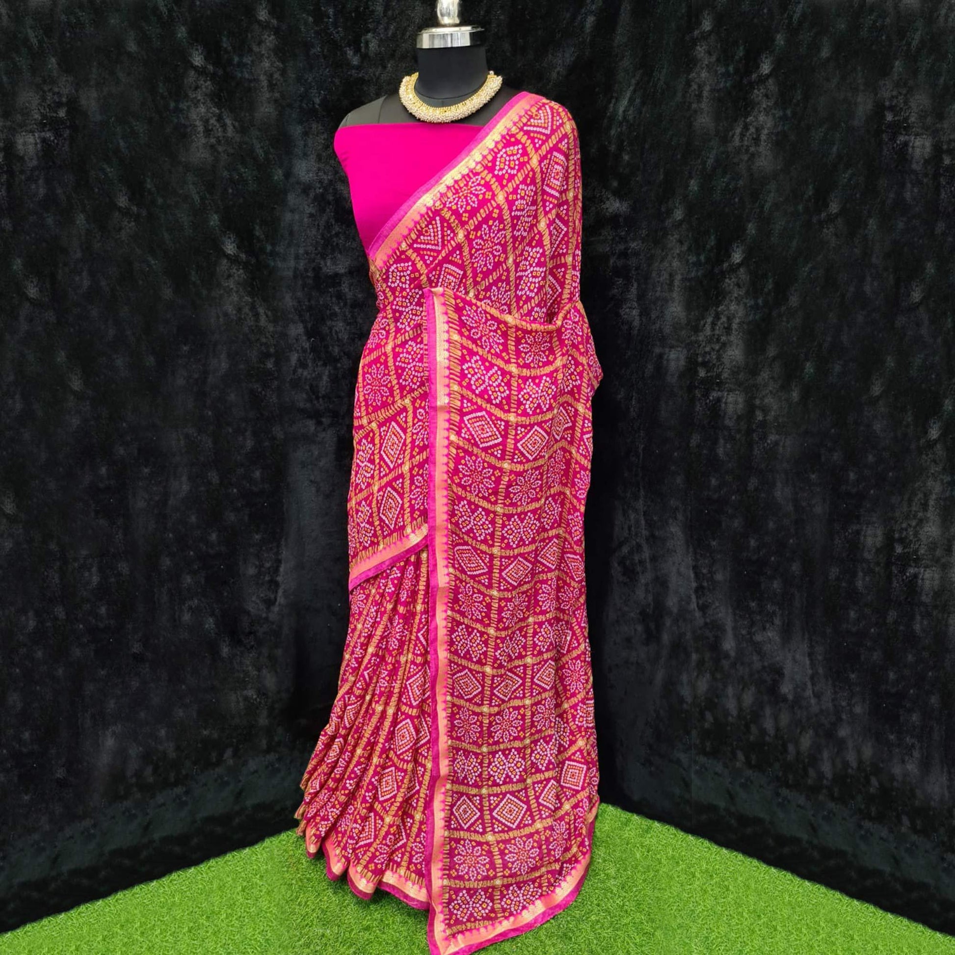 Dark Pink Festive Wear Bandhani Printed Georgette Saree With Lace Border
