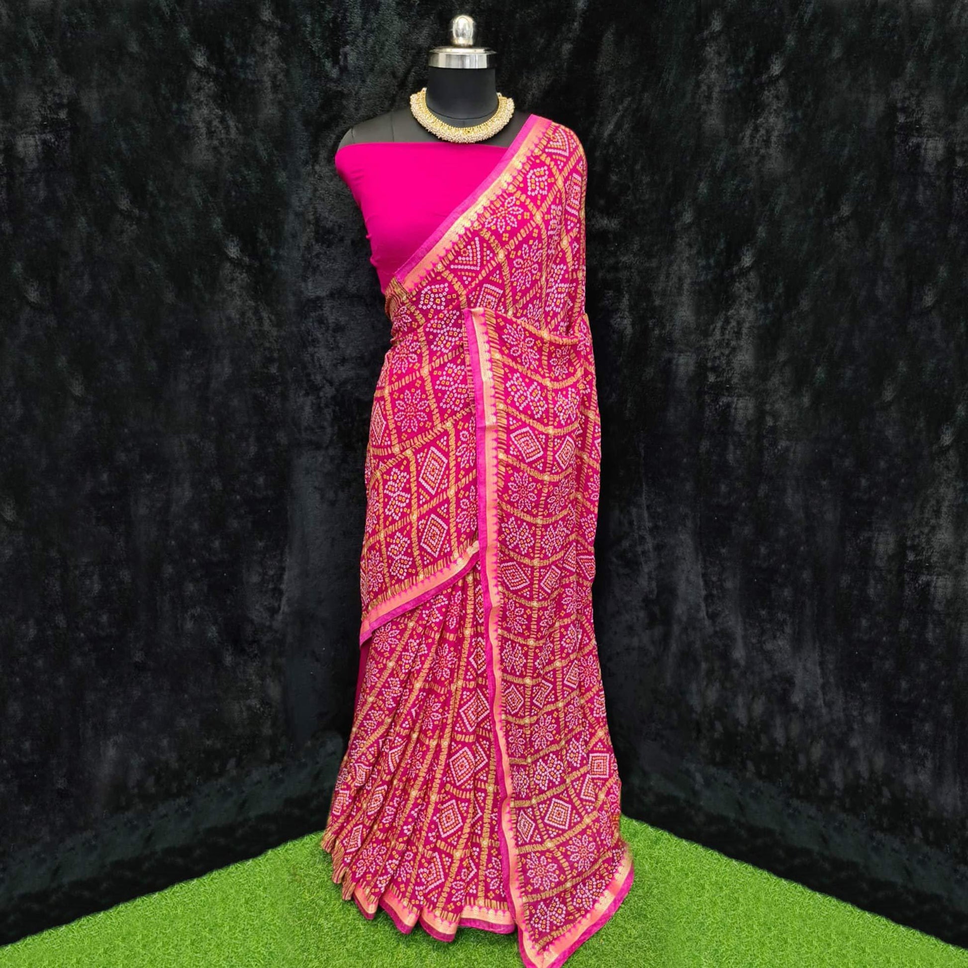Dark Pink Festive Wear Bandhani Printed Georgette Saree With Lace Border