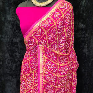 Dark Pink Festive Wear Bandhani Printed Georgette Saree With Lace Border