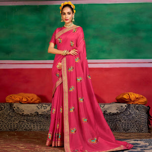 Dark Pink Festive Wear Embroidered Dola Silk Saree