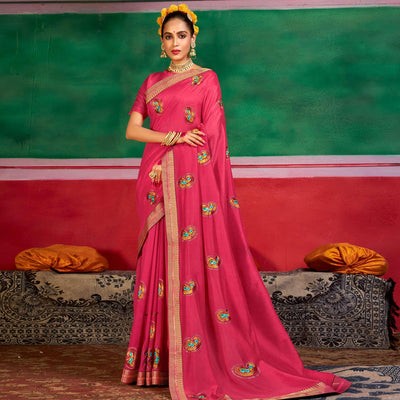 Dark Pink Festive Wear Embroidered Dola Silk Saree