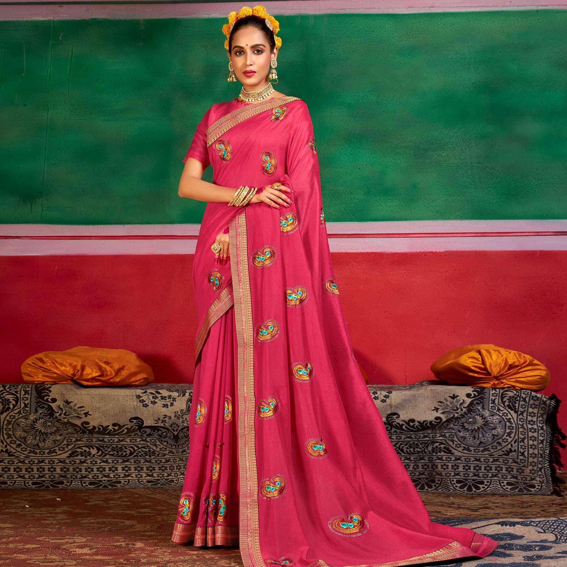 Dark Pink Festive Wear Embroidered Dola Silk Saree