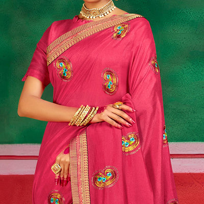 Dark Pink Festive Wear Embroidered Dola Silk Saree