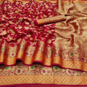 Dark Pink Festive Wear Floral Woven Organza Saree