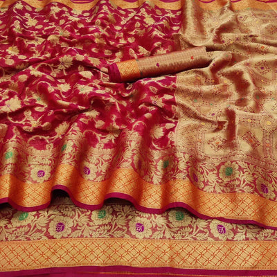 Dark Pink Festive Wear Floral Woven Organza Saree