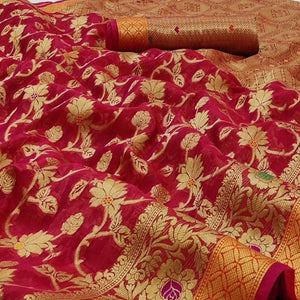Dark Pink Festive Wear Floral Woven Organza Saree
