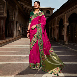 Dark Pink Festive Wear Floral Woven Silk Saree