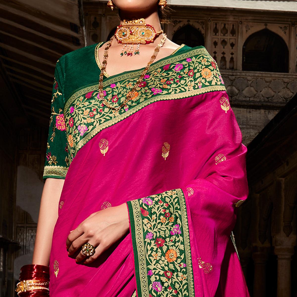 Dark Pink Festive Wear Floral Woven Silk Saree