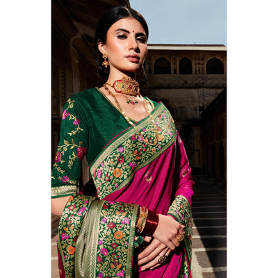 Dark Pink Festive Wear Floral Woven Silk Saree