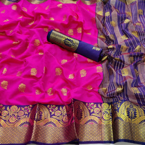 Dark Pink Festive Wear Floral Woven Soft Silk Saree With Meena Butta Lining Pallu