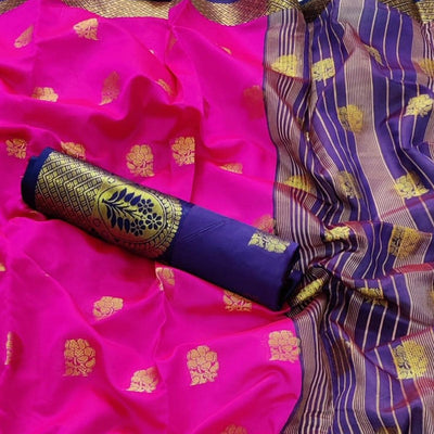 Dark Pink Festive Wear Floral Woven Soft Silk Saree With Meena Butta Lining Pallu