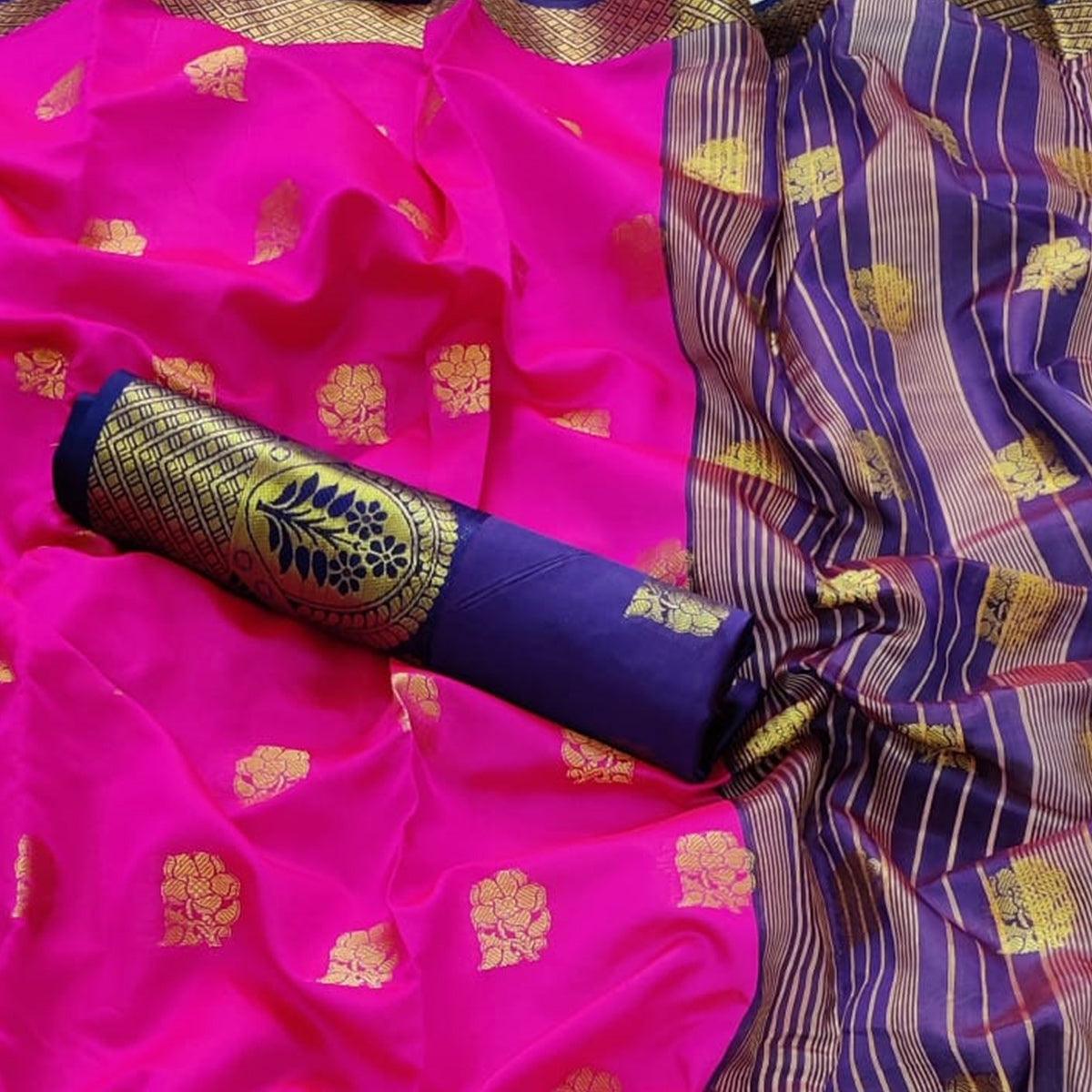 Dark Pink Festive Wear Floral Woven Soft Silk Saree With Meena Butta Lining Pallu