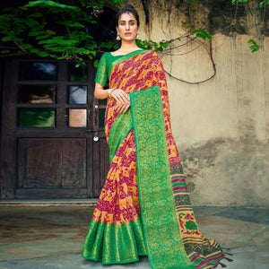 Dark Pink Festive Wear Printed Cotton Silk Saree With Woven Border