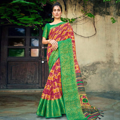 Dark Pink Festive Wear Printed Cotton Silk Saree With Woven Border