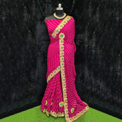 Dark Pink Festive Wear Printed Georgette Saree With Lace Border