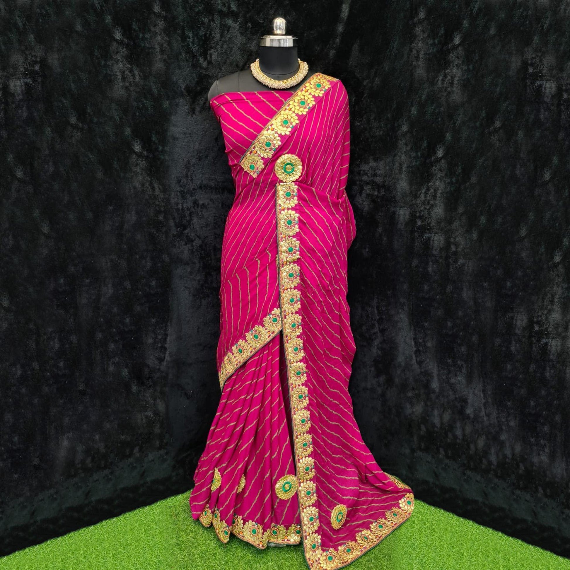 Dark Pink Festive Wear Printed Georgette Saree With Lace Border