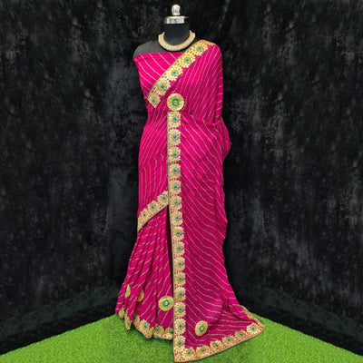 Dark Pink Festive Wear Printed Georgette Saree With Lace Border