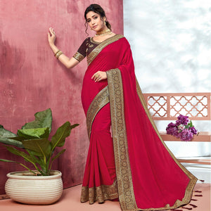 Dark Pink Festive Wear Silk Saree With Embroidered Border