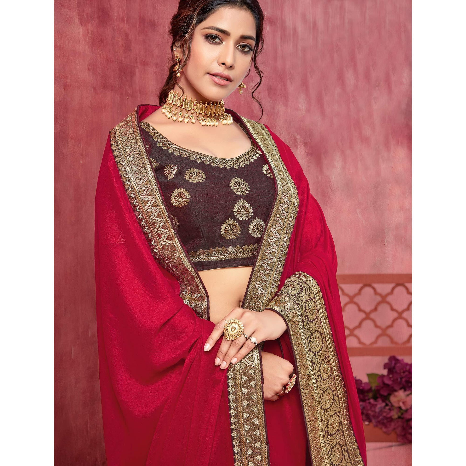 Dark Pink Festive Wear Silk Saree With Embroidered Border