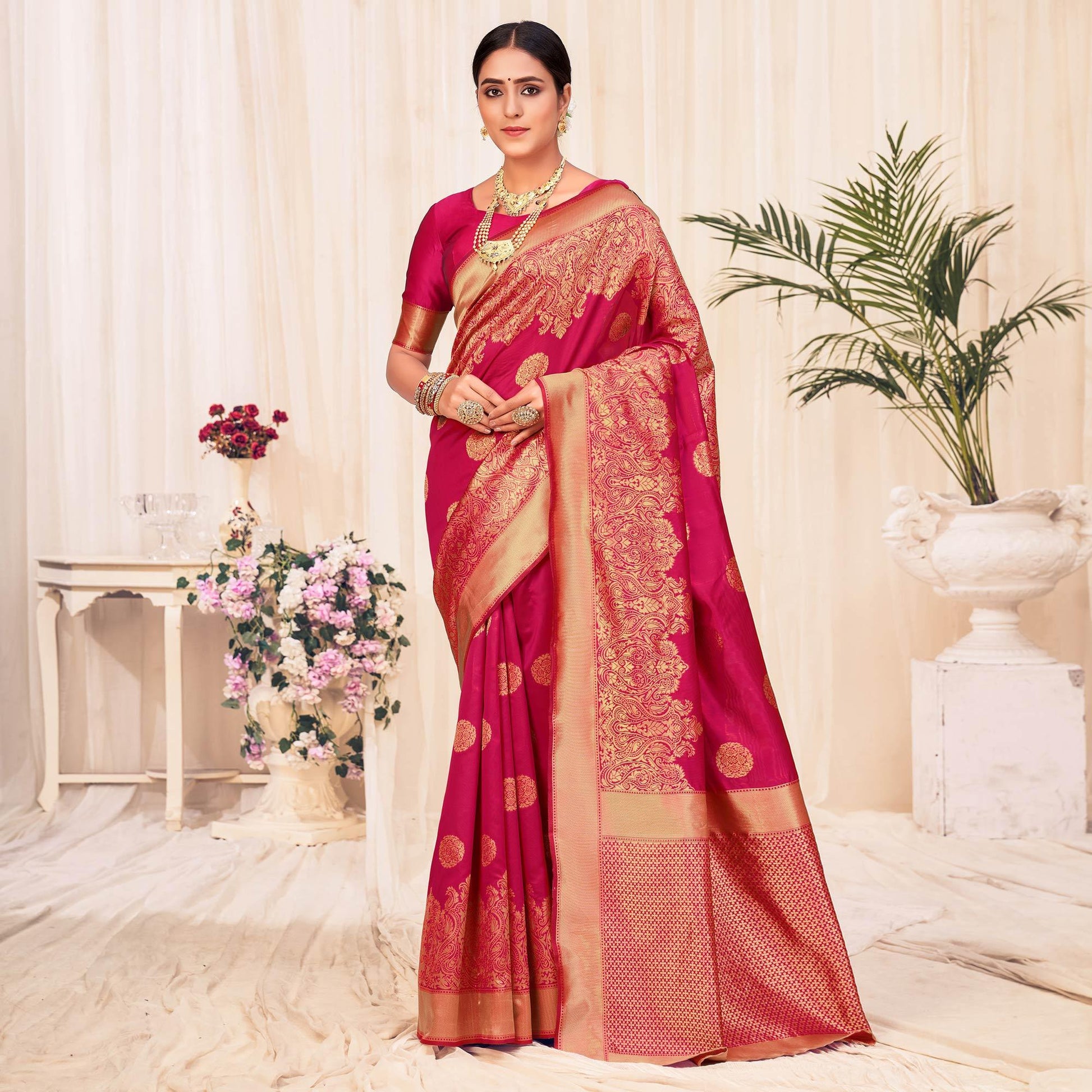 Dark Pink Festive Wear Woven Banarasi Silk Saree