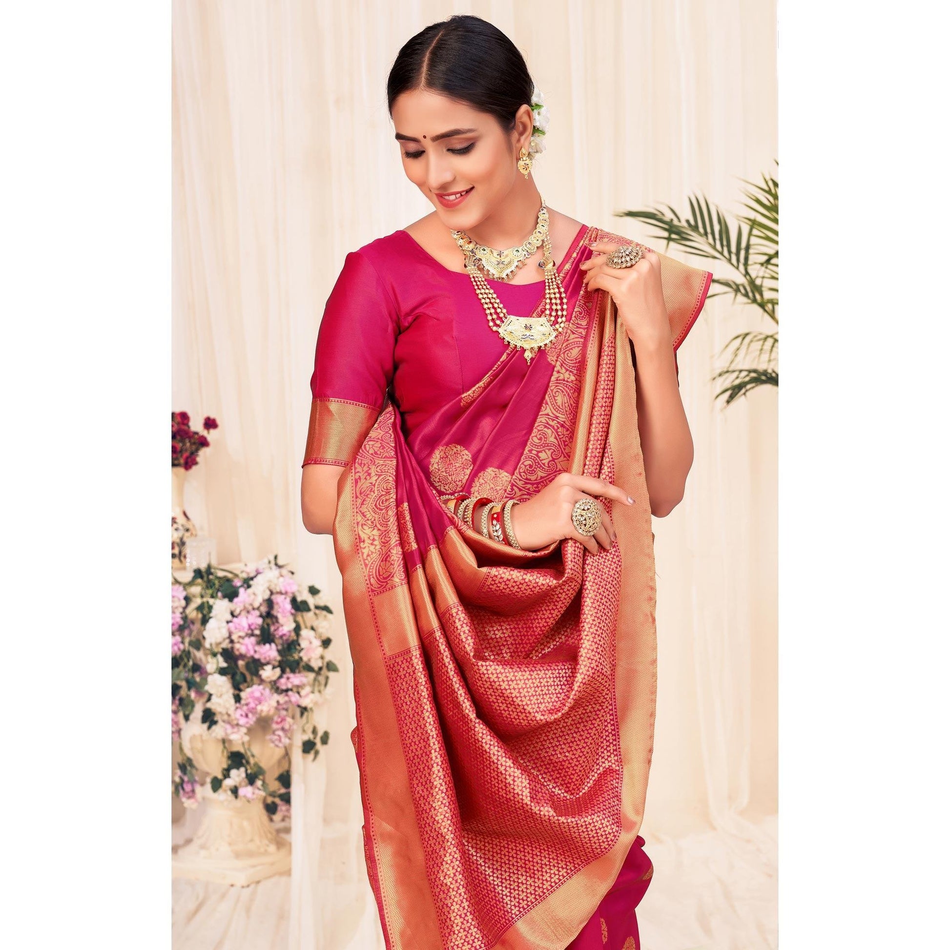 Dark Pink Festive Wear Woven Banarasi Silk Saree
