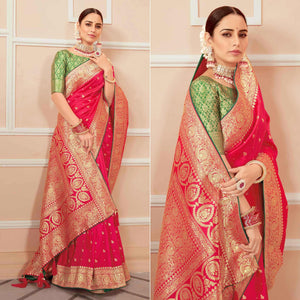 Dark Pink Festive Wear Woven Banarasi Silk Saree With Tassels