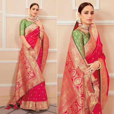 Dark Pink Festive Wear Woven Banarasi Silk Saree With Tassels