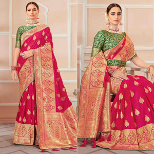 Dark Pink Festive Wear Woven Banarasi Silk Saree With Tassels