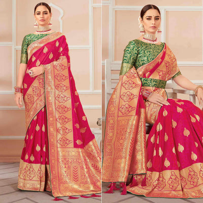 Dark Pink Festive Wear Woven Banarasi Silk Saree With Tassels
