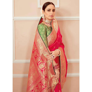 Dark Pink Festive Wear Woven Banarasi Silk Saree With Tassels