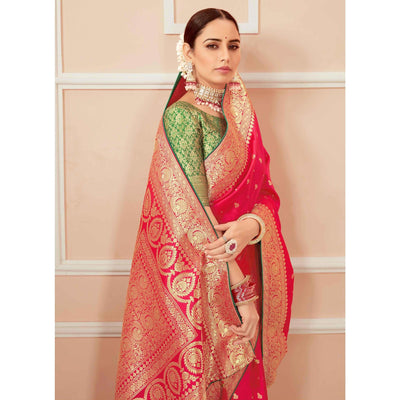 Dark Pink Festive Wear Woven Banarasi Silk Saree With Tassels