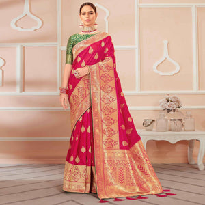 Dark Pink Festive Wear Woven Banarasi Silk Saree With Tassels