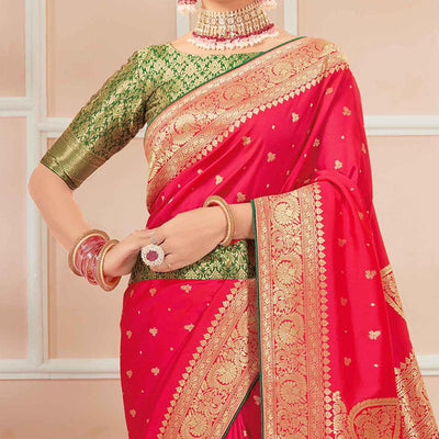 Dark Pink Festive Wear Woven Banarasi Silk Saree With Tassels