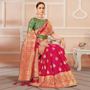 Dark Pink Festive Wear Woven Banarasi Silk Saree With Tassels